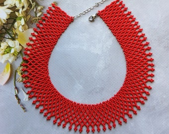 Red beaded necklace Vyshyvanka seed bead necklace Traditional ukrainian necklace