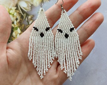 Halloween beaded earrings, Halloween Ghost earrings, Spooky jewelry, Ghost Dangle Earrings, Gifts for Her