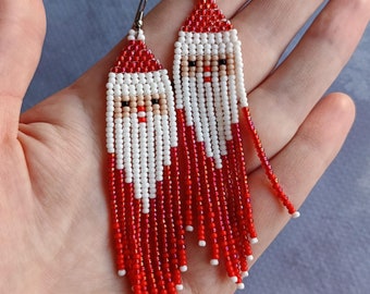 Santa Beaded earrings, Christmas earrings, Dangle winter earrings, Long red earrings
