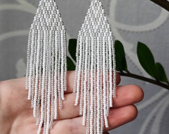 White beaded earrings Seed bead earrings White silver chandelier earrings Shiny earrings Boho Evening earrings