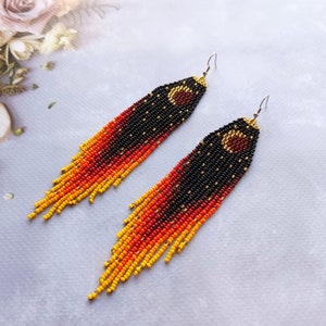 Moon beaded earrings, Crescent Moon and Stars seed bead earrings, Black extra long ombre earrings, Beadwork earrings Fringe Dangle.