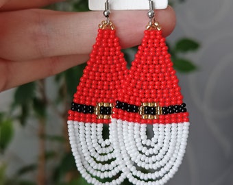 Santa beaded earrings, Christmas Santa seed bead earrings, Dangle winter earrings, Beadwork earrings, Long red earrings
