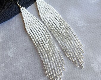 White seed bead earrings Beaded earrings White silver chandelier earrings Shiny earrings Boho