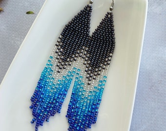 Black and blue Seed bead earrings, Long tassel earrings, Long Evening earrings, Boho Fringe earrings