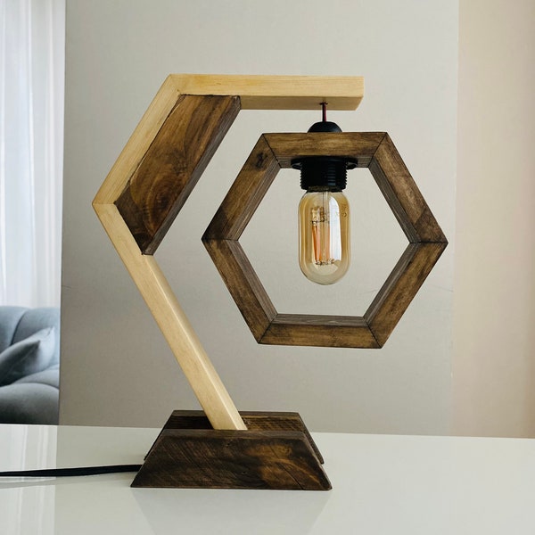 Hexagon Wooden Table Lamp, Modern Rustic Light, Handmade House Living Lamp, Wood Desk Night Lighting, Wooden lamps for Housewarming