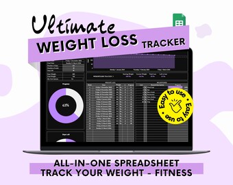 Seguimiento de pérdida de peso y actividad física / 8 pestañas / Hojas de cálculo de Google / Seguimiento de calorías / Planificador de comidas / Planificador de entrenamiento / Seguimiento de hábitos / Seguimiento de peso