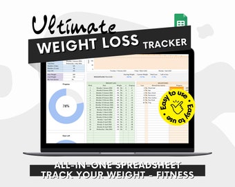 Seguimiento de pérdida de peso y actividad física / 8 pestañas / Hojas de cálculo de Google / Seguimiento de calorías / Planificador de comidas / Planificador de entrenamiento / Seguimiento de hábitos / Seguimiento de peso