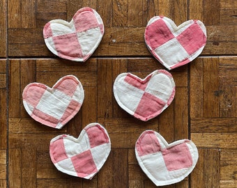Handmade Quilted Heart Coasters, Vintage Quilt Heart Decorations, Rustic Quilted Hearts, Quilted Valentine Heart Decorations