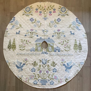 Handmade Vintage Cross-Stitched Quilted Christmas Tree Skirt (47&quot;)