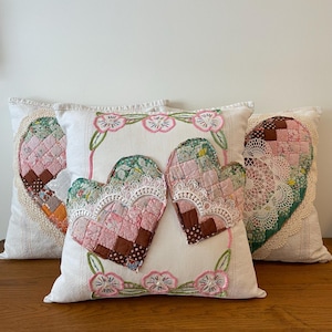 Handmade Quilted Heart Pillow Cover: Vintage Feed Sack, Rustic Decor