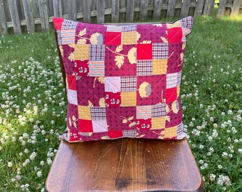 Handmade Four-Patch Throw Pillow: Colorful Patchwork, Upcycled Fabric