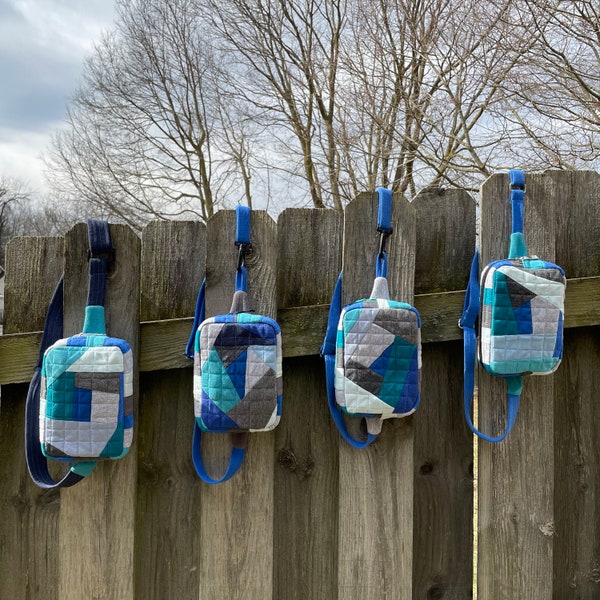 Handmade Quilted Blue Turquoise and Grey Crossbody Bag, Unique Crossbody Purse, Handmade Quilted Fanny Pack