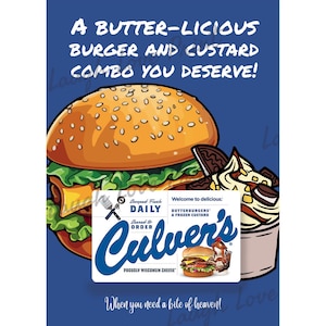Cadeaukaarthouder - Culver's Restaurant - afdrukbare instant download cadeau - uitstekend geschikt voor man, vrouw, een middelbare scholier, student