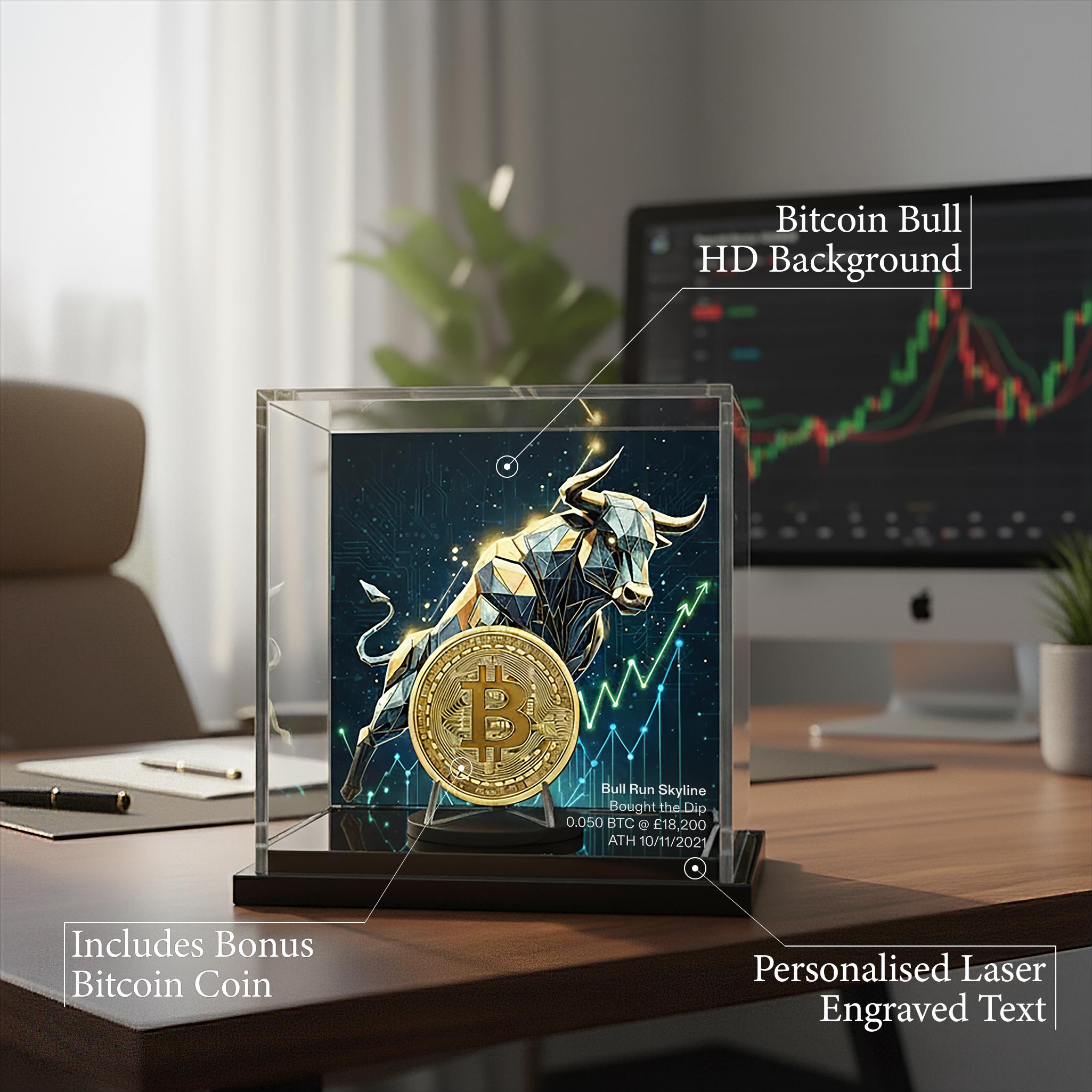 ビットコインコインディスプレイケース：アクリルスタンド、強気相場のUV背景、無料のパーソナライズ彫刻、暗号通貨ギフト - Etsy 日本