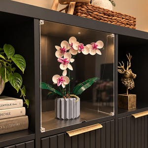 以下が含まれることがあります： 白い花びらとピンクの花びら、緑の葉、灰色の溝付きの鉢を持つ組み立て式の蘭が入った透明なアクリル製ディスプレイケース。このケースは、金色の取っ手と内部照明を備えた黒い棚ユニットの中に設置されています。