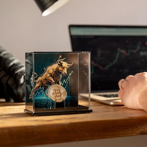 Bitcoin Coin Display Case: Acrylic Stand, Bull-Run UV Background, Free Personalised Engraving, Crypto Gift