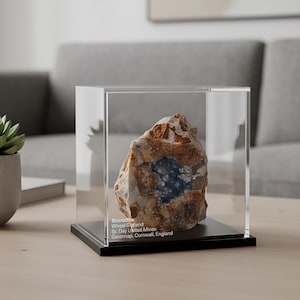 Puede incluir: Un espécimen mineral de Scorodita de Wheat Groland, St. Day United Mines, exhibido en una vitrina acrílica transparente con base negra. El mineral presenta una mezcla de tonos marrones, blancos y azules, con texto visible.