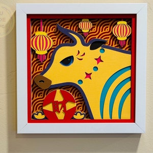 Ano do Boi, Saudação do Ano Novo Lunar para Boa Fortuna 3D SVG, Shadow Box, Ano Novo Chinês, Arquivos Digitais para Cricut e Silhouette