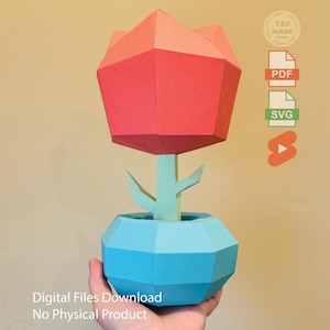 3D Tulpe Papiermodell, DIY Low Poly Papiermodell Vorlage, PDF & SVG, digitale Dateien für Schneidemaschine