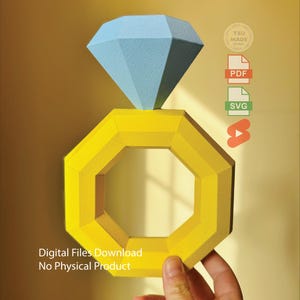 Créations en papier 3D de bague en diamant, modèle d'artisanat en papier bricolage low poly, PDF et SVG, fichiers numériques pour machine de découpe