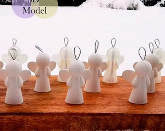 Könnte beinhalten: Eine Sammlung weißer Engelsornamente mit silbernen Aufhängeschlaufen. Die Engel haben stilisierte Flügel und sind auf einer Holzoberfläche angeordnet. Der Text "3D Model" und "DIGITAL DOWNLOAD - STL FILE" ist enthalten.