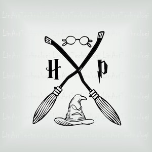 May include: A black and white graphic design featuring crossed brooms, glasses, and a sorting hat. The letters "HP" are centered, with a lightning bolt accent. Inspired by a popular fantasy series.