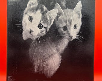 以下が含まれることがあります： 2匹の子猫が描かれた白黒のキャンバスプリント。子猫たちは顔を近づけて上を見上げています。プリントはテクスチャ加工が施されており、黒い背景に配置されています。