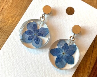 Blue Hydrangea Earrings, Real Pressed Flowers and Resin, Gold