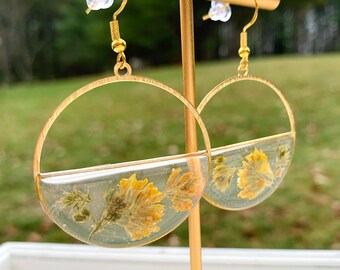 Yellow Floral Earrings, Real Pressed Flowers and Resin, Gold