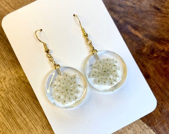 Queen Anne's Lace Earrings, Real Pressed Flowers and Resin