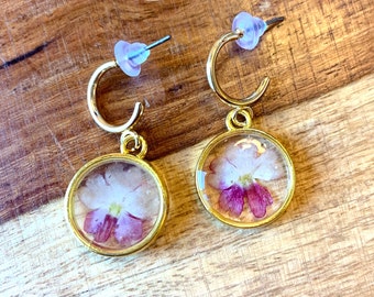 Pink Verbena Floral Earrings, Real Pressed Flowers and Resin, Gold