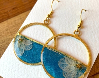 Turquoise and Cream Hydrangea Earrings, Real Pressed Flowers and Resin, Gold