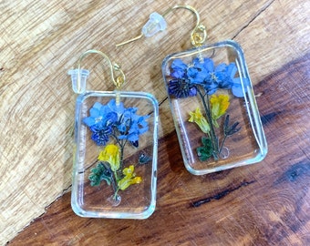 Tiny Forget Me Not Earrings, Real Pressed Flowers and Resin, Blue, Yellow, Gold