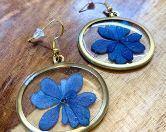 Blue Hydrangea Earrings, Real Pressed Flowers and Resin, Gold