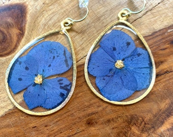 Blue Hydrangea Earrings, Real Pressed Flowers and Resin, Gold, Teardrop