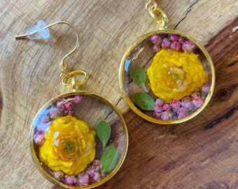 Yellow Floral Earrings, Real Pressed Flowers and Resin, Gold