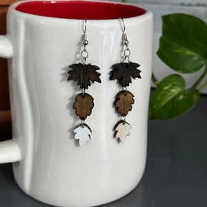 Wood leaf 3 tier teardrop earrings