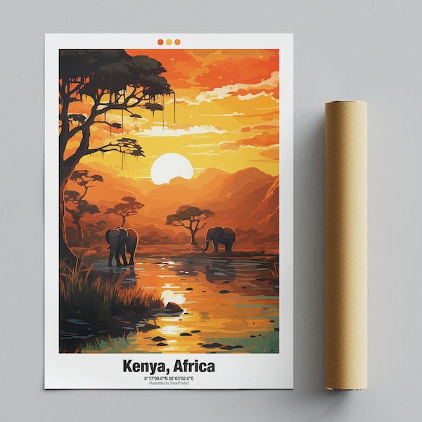 Affiche de voyage au Kenya, affiche d’Afrique du Kenya, art mural d’illustration d’éléphants, décoration murale de safari | Téléchargement numérique