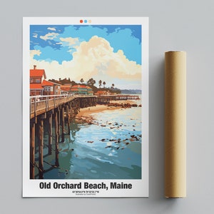 Cartel de Old Orchard Beach, cartel de viaje de EE. UU., Maine BeachIllustration, regalo de arte de pared de viajero / descarga digital