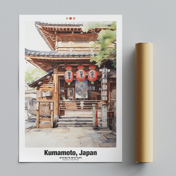 Kumamoto Travel Poster, Japan Shrine Illustration, Japan Wall Art | Digital Download