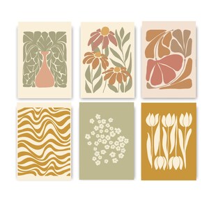 May include: Set of six minimalist art prints featuring abstract floral and geometric designs in muted tones of brown, green, and white. The prints are perfect for adding a touch of modern style to any room.