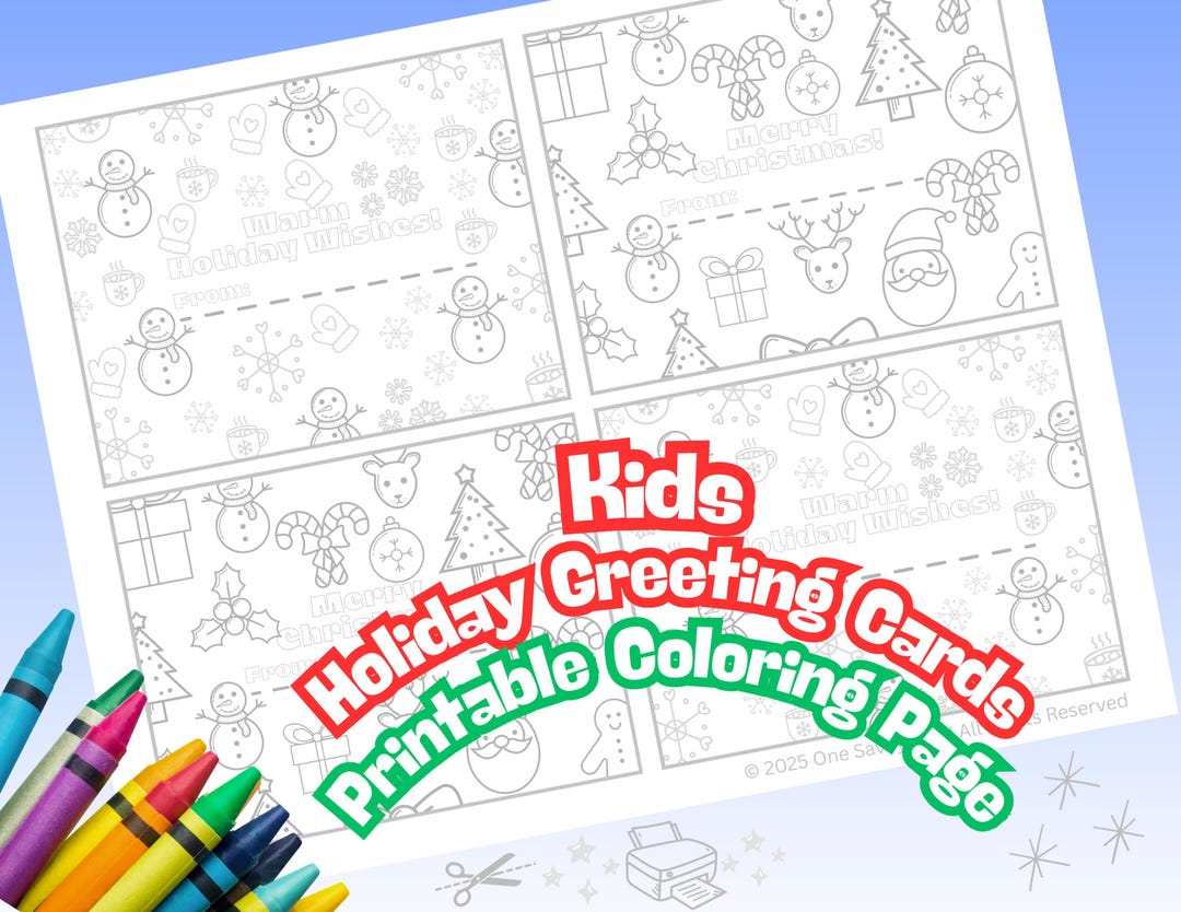 Kids Christmas Greeting Cards Coloring Page Holiday Printable Instant ...
