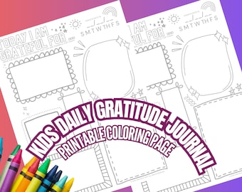 May include: Two white printable coloring pages with the text "Today I am grateful for" and "I am grateful for". The pages have frames, stars, and a rainbow. The text "Kids Daily Gratitude Journal Printable Coloring Page" is also visible.