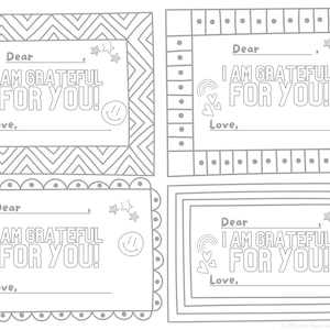 Ik ben dankbaar voor jou! Afdrukbare kleurpaginakaarten voor kinderen - Dankbaarheid en dankbaarheid onderwijzen - Instant PDF-download