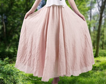 Falda fluida de lino transpirable en color rosa claro Falda de playa de verano larga y escalonada con cintura elástica Ropa de estilo casual minimalista