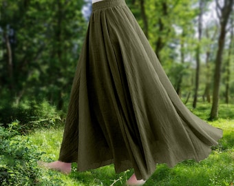 Breezy Long Linen Skirt in Dark Green, Perfect for Summer, Linen Skirt