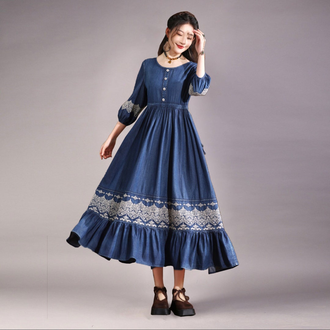 Denim Dress One Piece Dress Waist Rope Tie Denim Dress Blue - Etsy