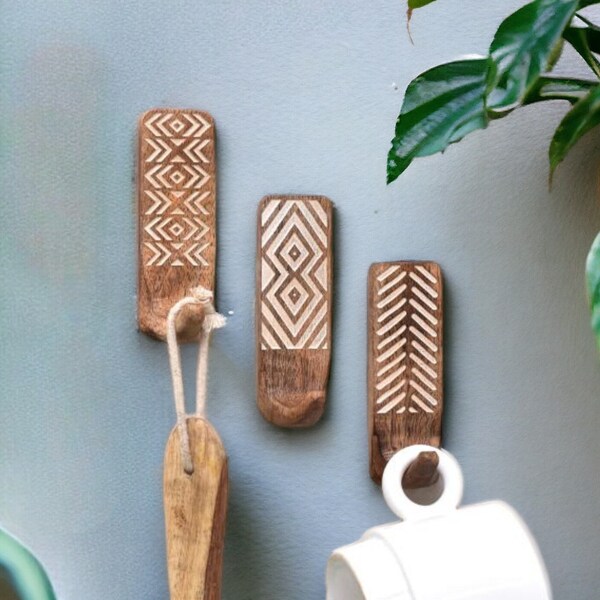 Indian Pattern Wooden Wall Hooks, Bathroom Wall Hooks, Adhesive Hooks, Towel Hooks, Wooden Hooks, Wall Coat Rack, Boho Coat Hook Decor