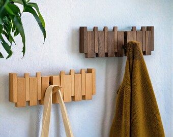 Piano wall hook made of walnut and beech wood - piano keys coat hook - entrance area coat rack - foldable hooks - wooden wall decoration