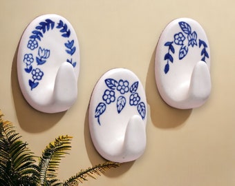 Round Ceramic Wall Hooks with Flower Pattern - Ceramic Adhesive Hooks - Towel Hooks - Blue White Coat Rack - Kitchen Hooks - Flower Hooks - Home Decor